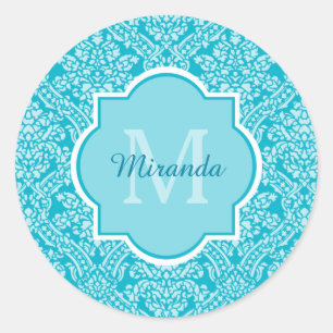 Sticker Rond Joli Motif Turquoise Damask Monogramme Avec Nom
