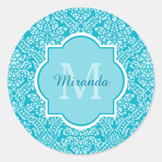 Sticker Rond Joli Motif Turquoise Damask Monogramme Avec Nom (Devant)