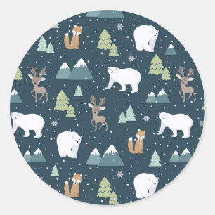 Sticker Rond Joli Noël Animaux d'hiver Motif rustique