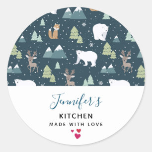 Sticker Rond Joli Noël Animaux d'hiver Rustique Cuisine