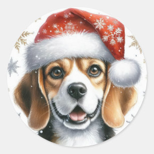 Sticker Rond Joli Noël Beagle Chapeau de Père Noël Chien Fêtes