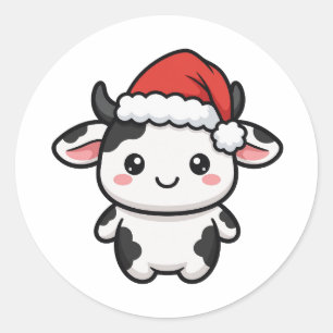 Sticker Rond Joli Noël de la vache du Père Noël