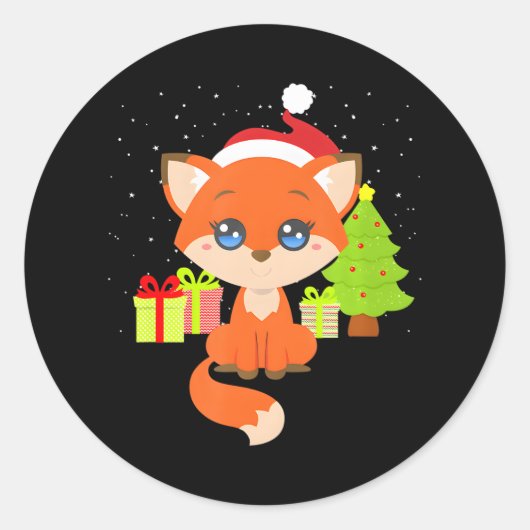 Sticker Rond Joli Noël Fox Santa Hat sapin de Noël n (Devant)