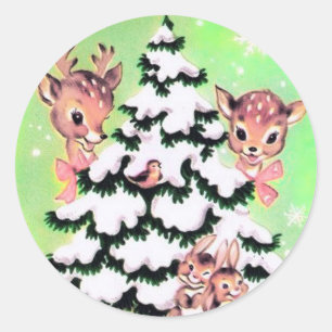 Sticker Rond Joli Noël Rétro Cerfs et lapins