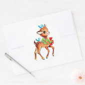 Sticker Rond Joli Noël Rouge Bow Green Holly Reindeer (Enveloppe)