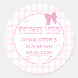 Sticker Rond Joli Nœud Rose Pastel à Carreaux Baby Shower Merci