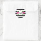 Sticker Rond Joli noir blanc rayé rose floral Monogramme (Sac)