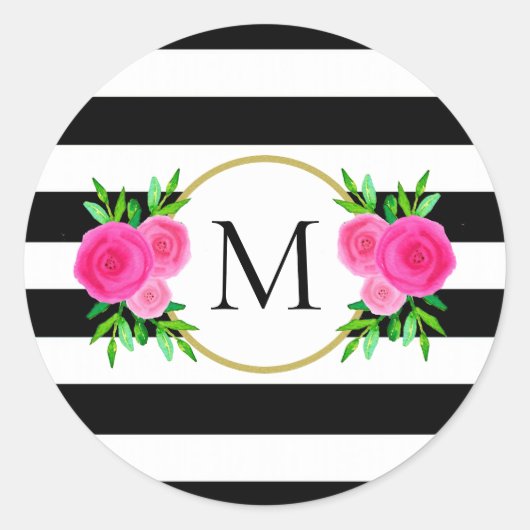 Sticker Rond Joli noir blanc rayé rose floral Monogramme (Devant)
