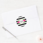 Sticker Rond Joli noir blanc rayé rose floral Monogramme (Enveloppe)