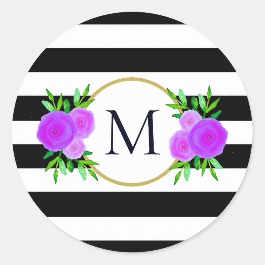 Sticker Rond Joli noir blanc rayé violet fleuri Monogramme (Devant)