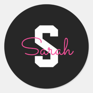 Sticker Rond Joli nom et monogramme Noir Blanc & Rose
