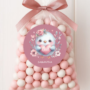 Sticker Rond Joli Oiseau rose Coeur Aimer Joyeux Saint Valentin