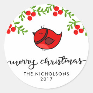 Sticker Rond Joli oiseau rouge Joyeux Noël manuscrit