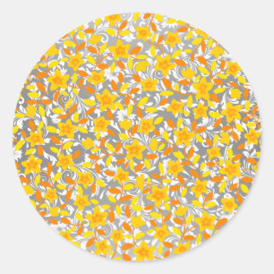 Sticker Rond Joli orange jaune fleurs blanches motif