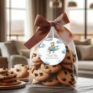 Sticker Rond Joli Ours Avion Bleu Garçon Baby Shower Merci
