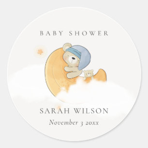 Sticker Rond Joli Ours Bleu Sommeil Sur Lune Baby shower Garço