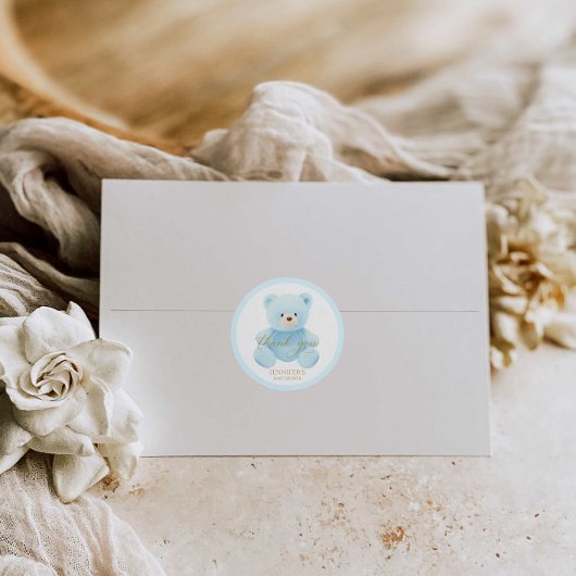 Sticker Rond Joli Ours en Peluche Bleu Merci