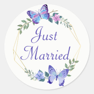 Sticker Rond Joli Papillon Tout Juste Mariés Papillons Bleus