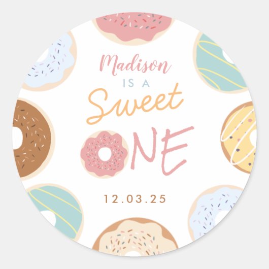 Sticker Rond Joli Pastel Moderne Donut Premier Anniversaire (Devant)