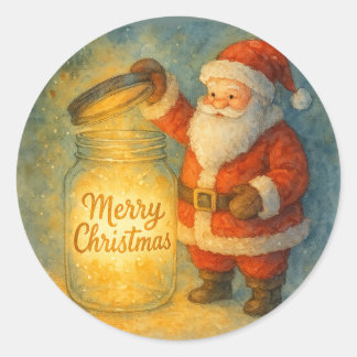 Sticker Rond Joli Père Noël à l'aquarelle Joyeux Noël Pot Lumin