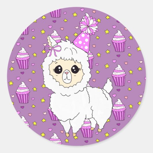 Sticker Rond Joli Petit Anniversaire Llama Purple (Devant)