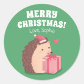 Sticker Rond Joli petit hérisson avec cadeau de Noël (Devant)