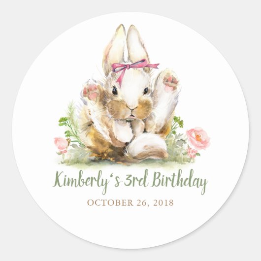 Sticker Rond Joli Petit Lapin Rose Floral Anniversaire (Devant)