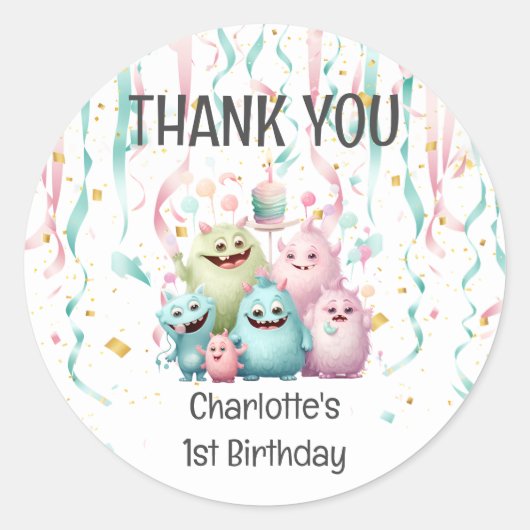 Sticker Rond Joli Petit Monstres 1er anniversaire. Merci (Devant)