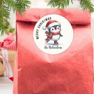 Sticker Rond Joli pingouin patinant Noël personnalisé Joyeux No