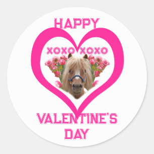 Sticker Rond Joli Poney en Rose pour la Saint-Valentin pour les