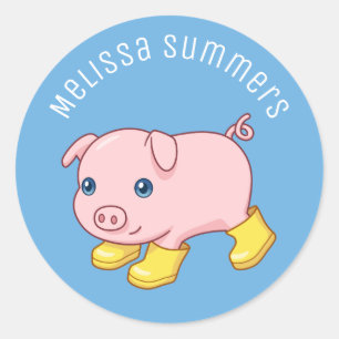 Sticker Rond Joli Porcelet Cochon en Bottes en Caoutchouc Nom P