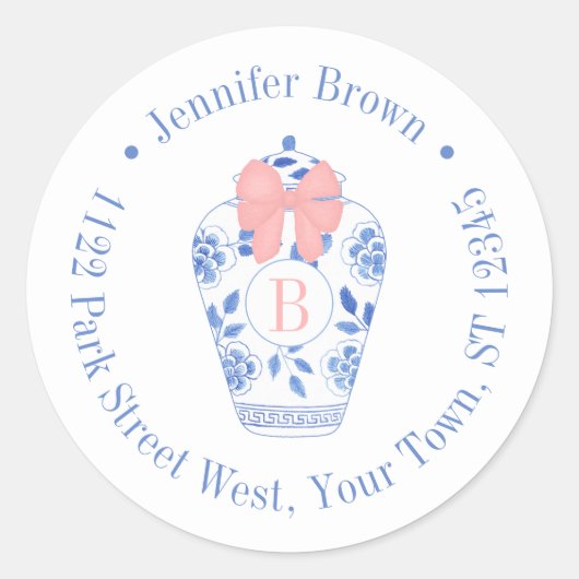 Sticker Rond Joli Pretty Pink Bow Ginger Jar Monogramme Adresse (Devant)