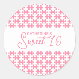 Sticker Rond Joli Puzzle rose Et Blanc À damiers Doux 16