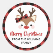 Sticker Rond Joli Reindeer Plaid Bow Rouge Joyeux Noël (Devant)