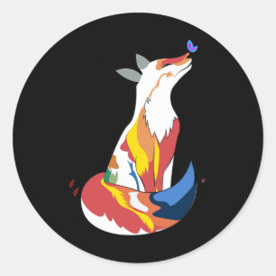 Sticker Rond Joli Renard Rouge Et Jaune Et Mignonne Papillon