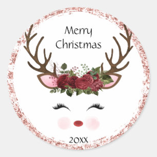 Sticker Rond Joli renne de Noël Rouge Floral