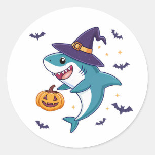 Sticker Rond Joli requin d'Halloween avec sorcière Casquette et