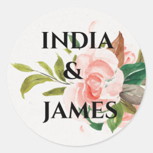 Sticker Rond Joli Rose aquarelle et Mariage de feuillage