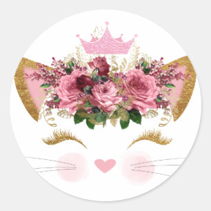 Sticker Rond Joli rose Kitty Floral Couronne rose