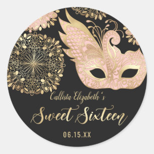 Sticker Rond Joli rose or noir Mascarade Masque Sweet 16