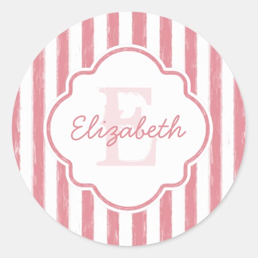 Sticker Rond Joli rose peint rayures Monogramme et nom (Devant)