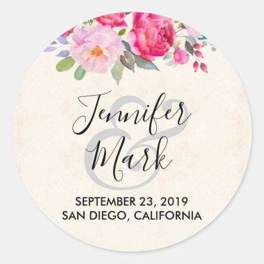 Sticker Rond Joli rose rose rose et Mariage frontalier de pivoi (Devant)