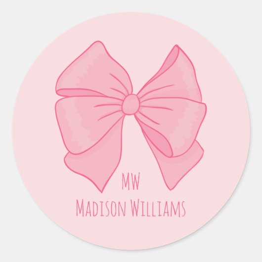 Sticker Rond Joli Ruban Rose Monogramme et Nom de Fille (Devant)