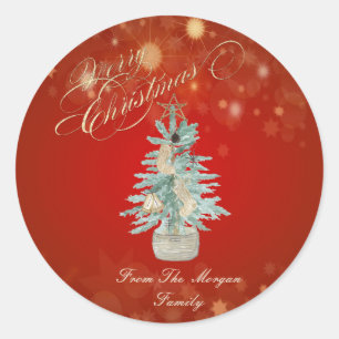 Sticker Rond Joli sapin à l'aquarelle rouge Noël 