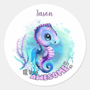 Sticker Rond Joli Seahorse Nom été Garçon