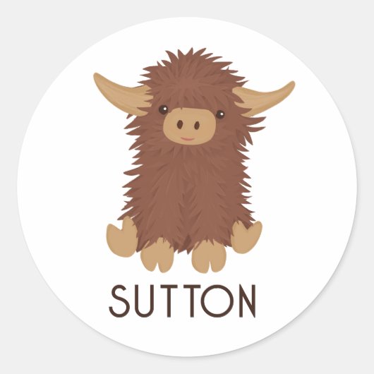 Sticker Rond Joli, shaggy Highland vache conception personnalis (Devant)