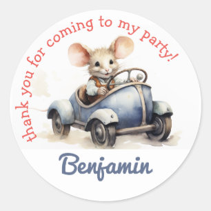Sticker Rond Joli Souris dans une Voiture Enfants Anniversaire 