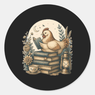 Sticker Rond Joli style Cottagecore poulet lisant un livre Ne