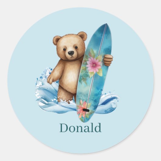 Sticker Rond Joli surf ours ajouter le nom (Devant)