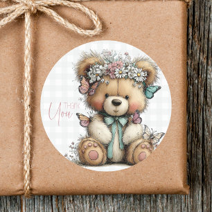 Sticker Rond Joli Teddy à carreaux gris Fleur de marguerite Mer